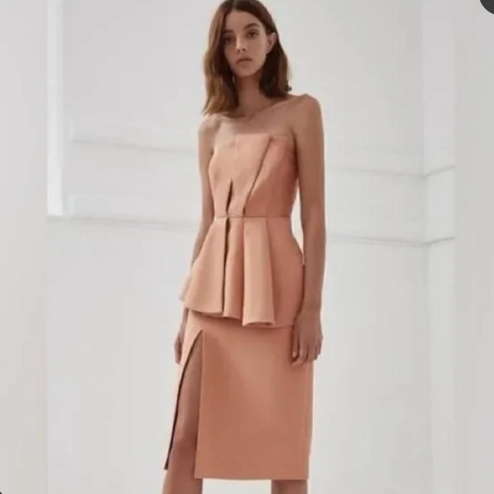 New!C/Meo Collective Need Nobody Peach Pleated Elegant Strapless Dress